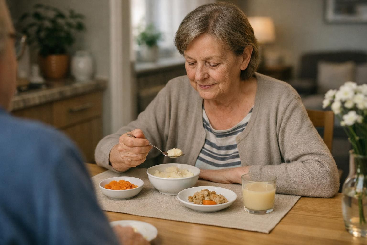 Ruhige Essenssituation mit kleinen Portionen Ruhige Mahlzeit mit kleinen Portionen und angedicktem Getraenk
